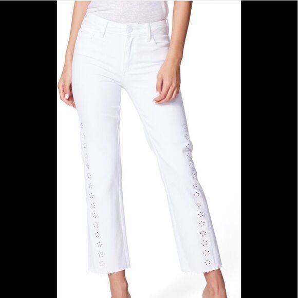 Paige Cindy laser daisy raw hem jeans in white size 23, NWT - Picture 1 of 10
